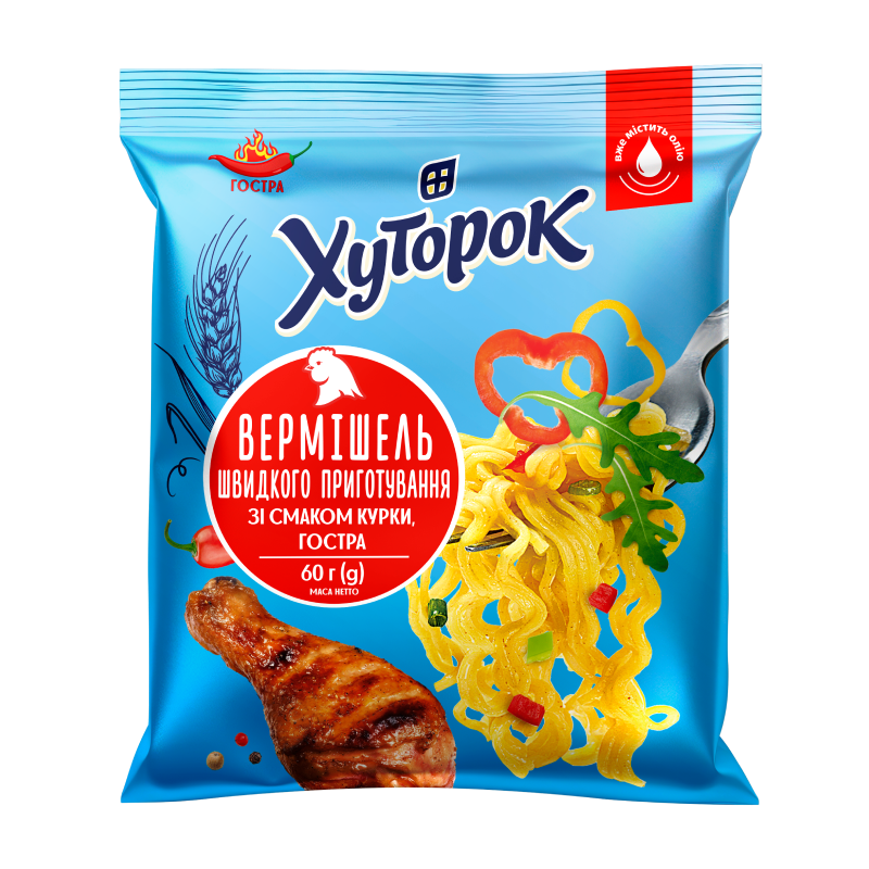 Вермішель швидкого приготування зі смаком курки, гостра ТМ "Хуторок" 60г